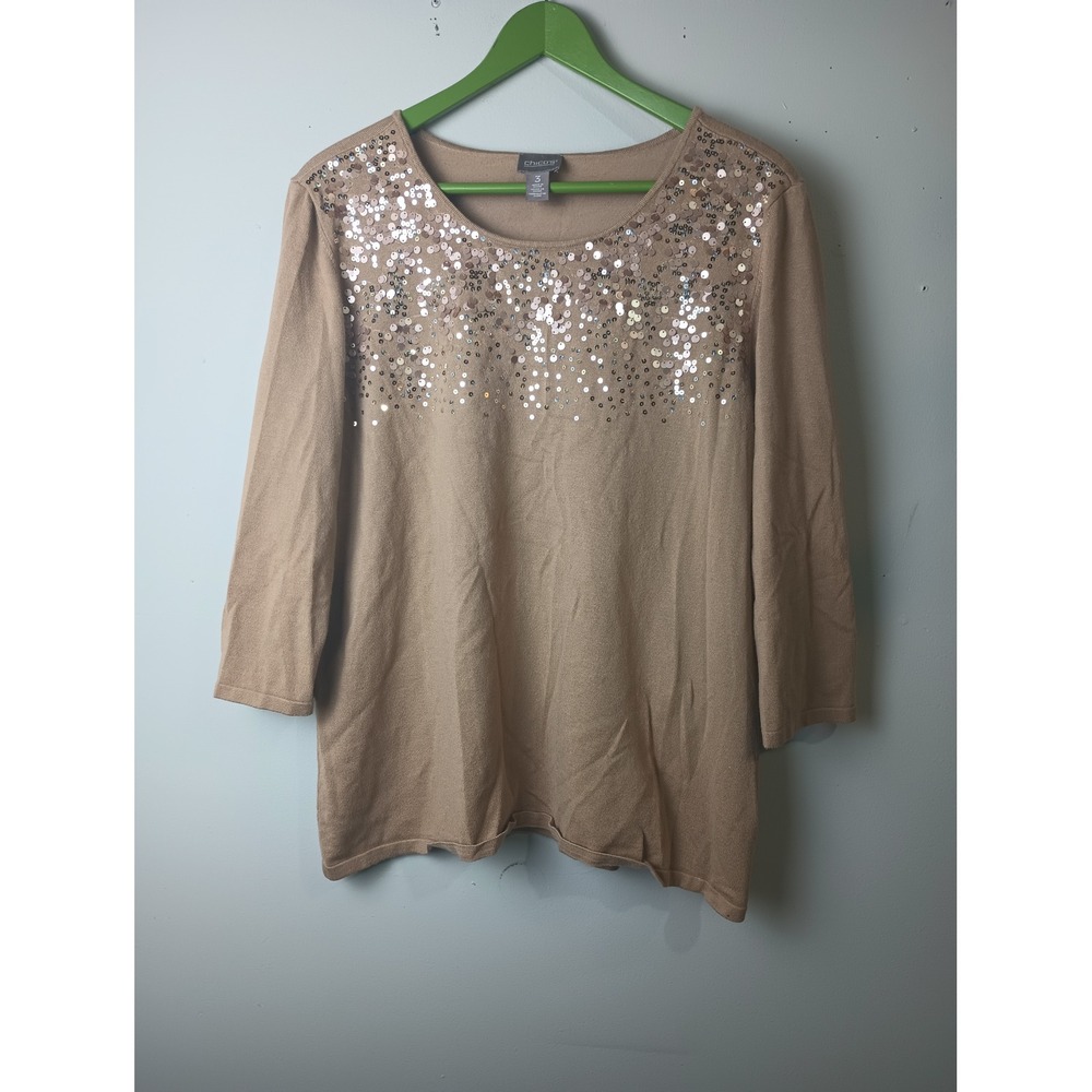 Chicos Sequin Embellished Knit Sweater Tan 3/4 Sleeve Size 3 XL